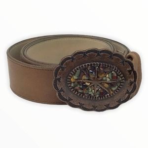 Elite Accessories | Brass Multicolored Stone Buckle Brown Leather Belt L